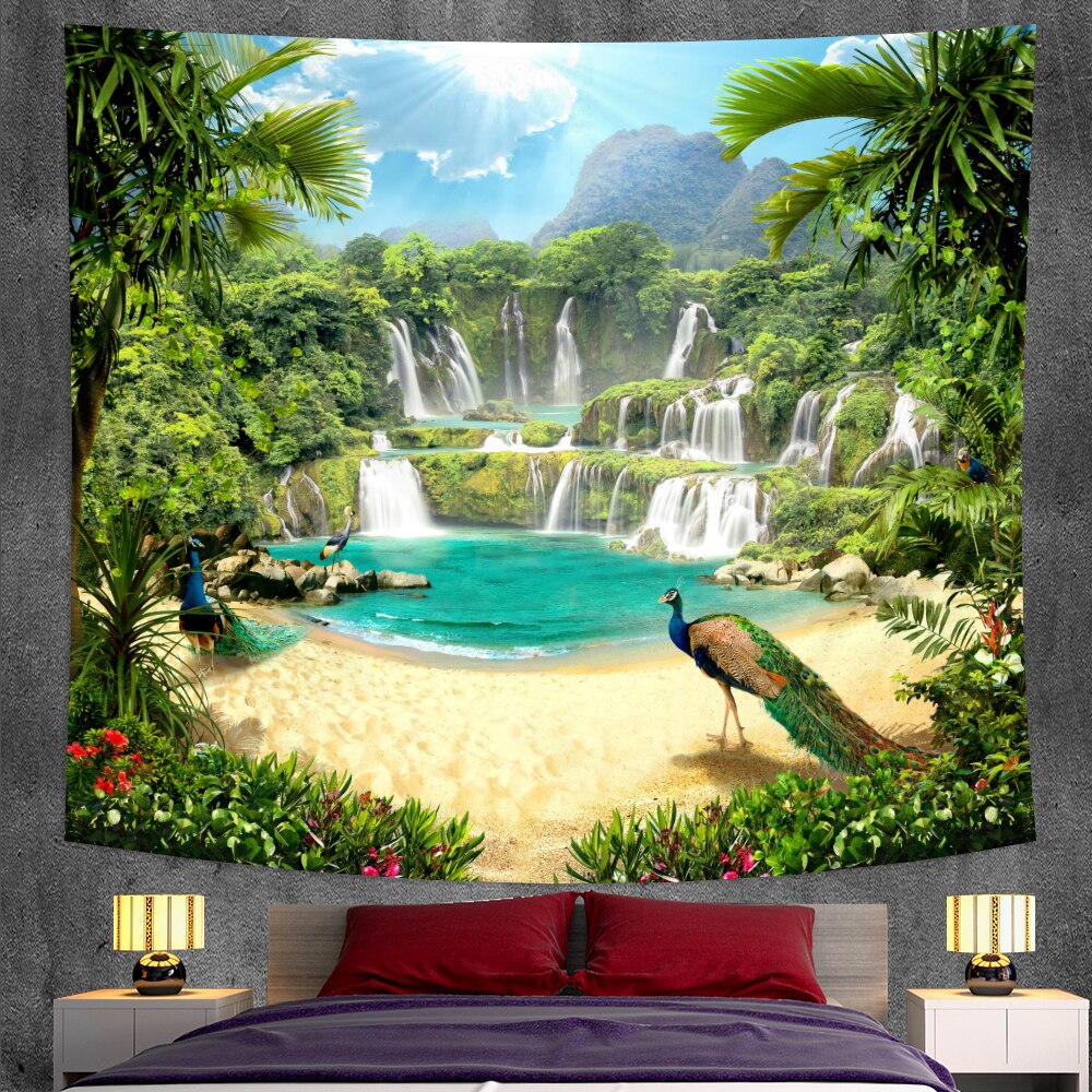 Tropical Beach With Peacocks And Waterfall Garden Tapestry – Clover Online