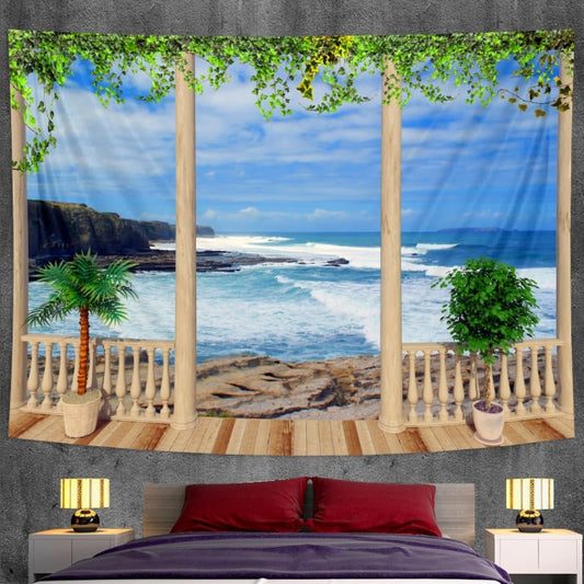Wooden Balcony To Crashing Waves Garden Tapestry - Clover Online