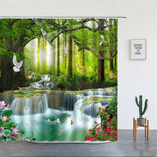Woodland Waterfall With Animals Garden Shower Curtain - Clover Online