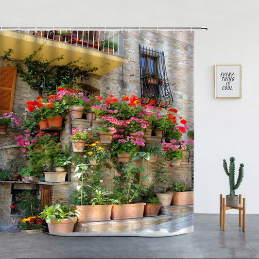Building With Plant Pots Garden Shower Curtain - Clover Online
