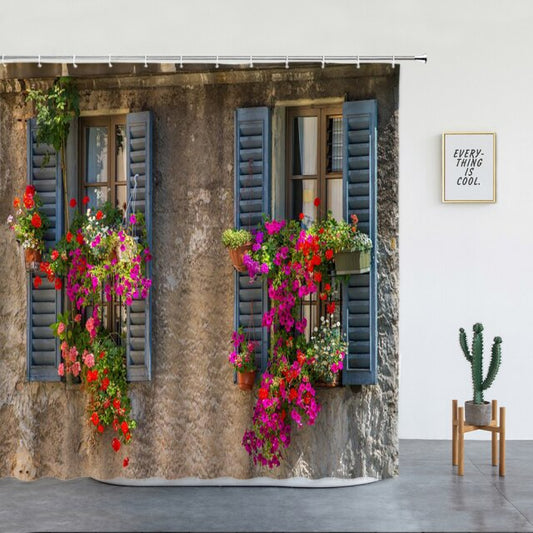 Double Window With Flowers And Blue Shutters Garden Shower Curtain - Clover Online