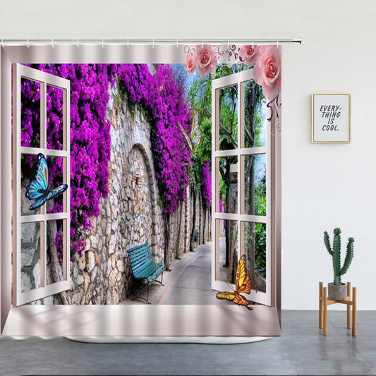 Window To Cobbled Street Garden Shower Curtain - Clover Online