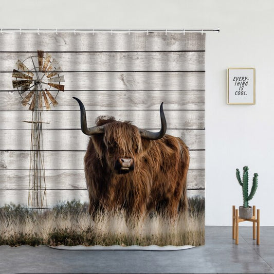 Wooden Fence With Highland Cow Garden Shower Curtain - Clover Online