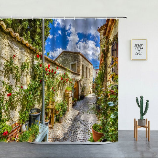Cobbled Street With Climbing Roses Garden Shower Curtain - Clover Online