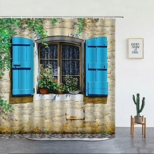 Stone Building With Blue Shutters Garden Shower Curtain - Clover Online