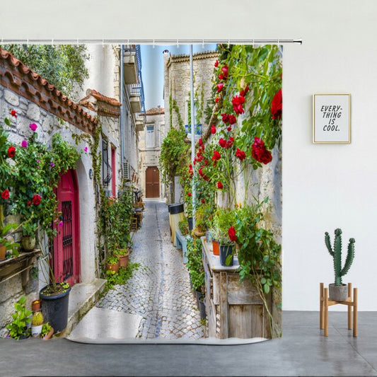 Mediterranean Town Street With Flowers Garden Shower Curtain - Clover Online