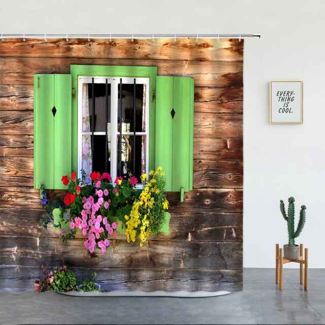 Wooden Building With Green Shutters Garden Shower Curtain - Clover Online