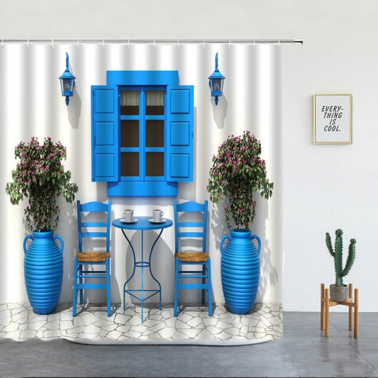 Greek Style Building With Blue Windows And Table Garden Shower Curtain - Clover Online
