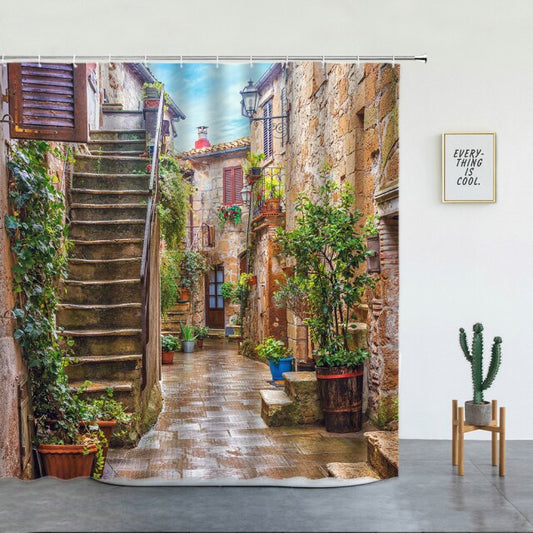 Mediterranean Cobbled Street With Stairs Garden Shower Curtain - Clover Online