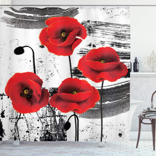 Red Poppy With Black And White Background Garden Shower Curtain - Clover Online