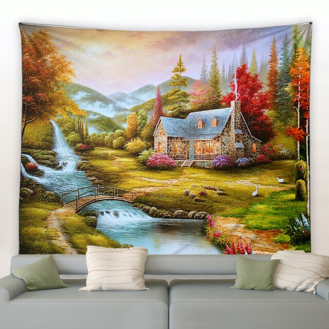 Country House With Bridge Oil Painting Garden Tapestry - Clover Online