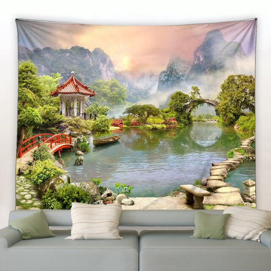 Calm Chinese Lake Oil Painting Style Garden Tapestry - Clover Online