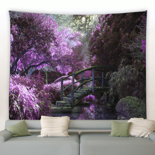 Woodland Bridge Oil Painting Style Garden Tapestry - Clover Online