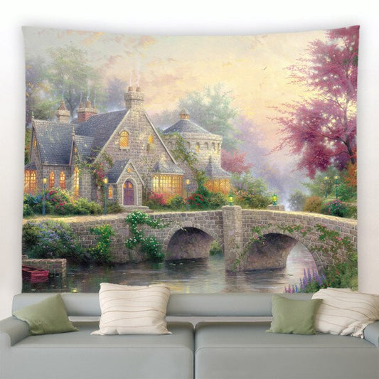 Building And Bridge Oil Painting Garden Tapestry - Clover Online