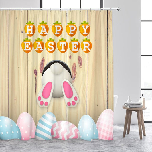 Happy Easter Bunny Wooden Background Garden Shower Curtain - Clover Online