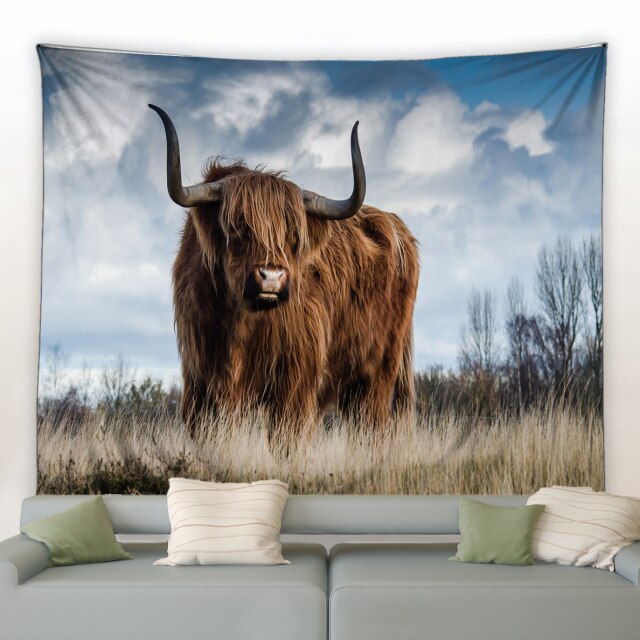 Highland Cow In Field Garden Tapestry - Clover Online