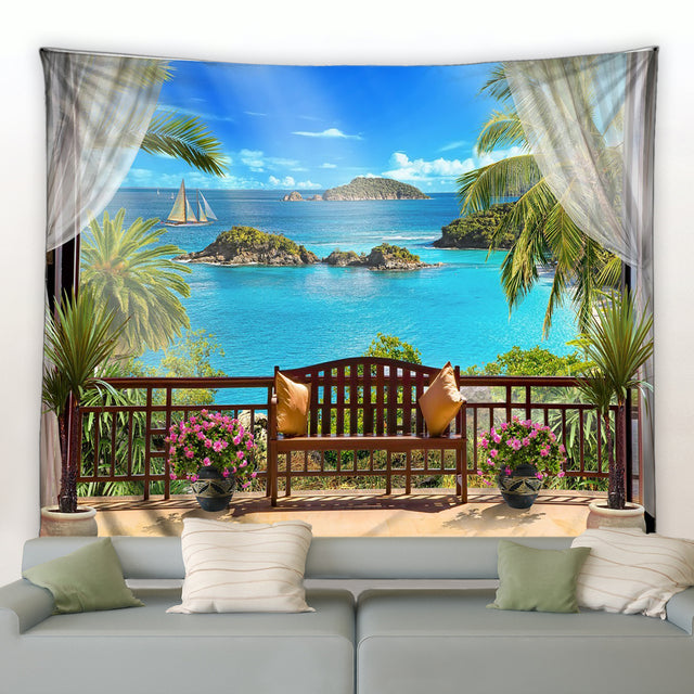 Ocean View Balcony With Bench Garden Tapestry - Clover Online