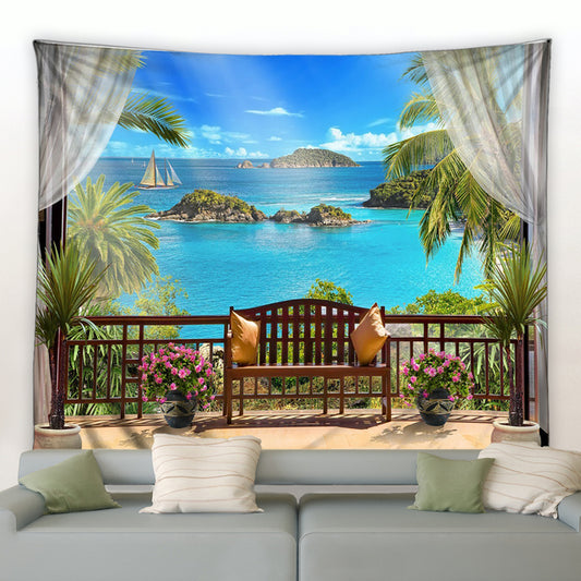 Ocean View Balcony With Bench Garden Tapestry - Clover Online
