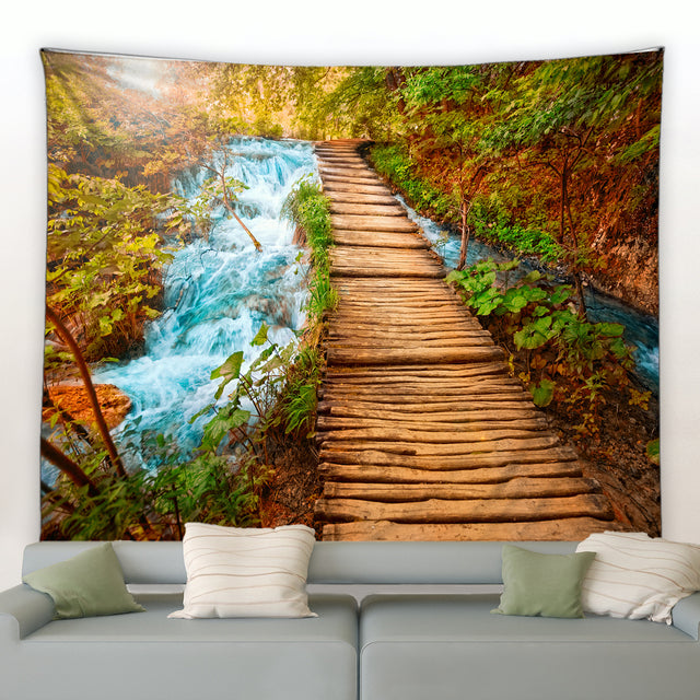 Wooden Bridge Over Waterfall Garden Tapestry - Clover Online