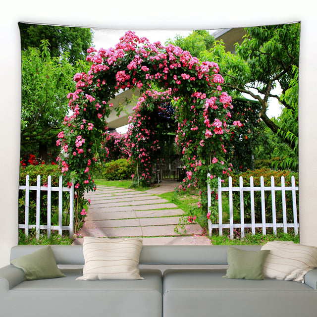 Rose Archway And Picket Fence Garden Tapestry - Clover Online