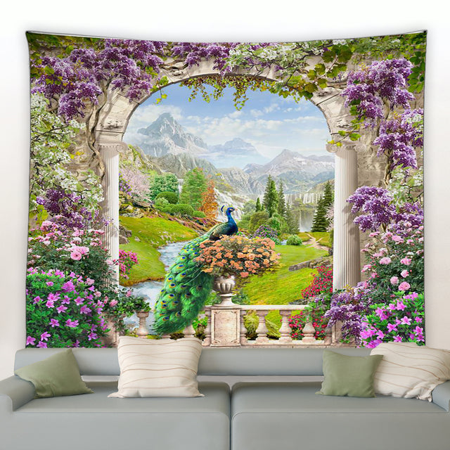 Archway To Mountains With Peacock Garden Tapestry - Clover Online