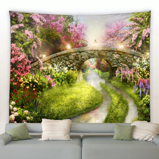 Cobbled Bridge With Flowers Garden Tapestry - Clover Online
