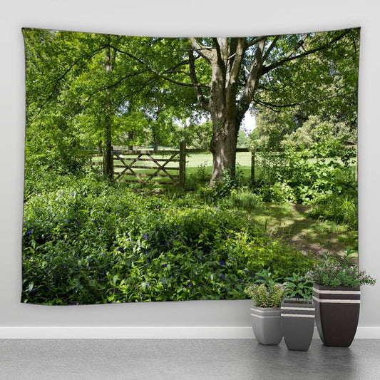 Field With Wooden Gate Garden Tapestry - Clover Online