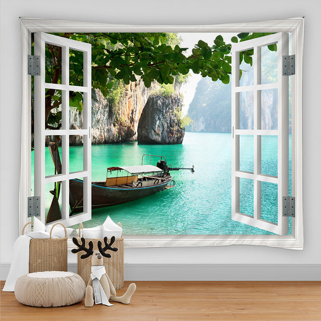 Window To Calm Lake And Boat Garden Tapestry - Clover Online