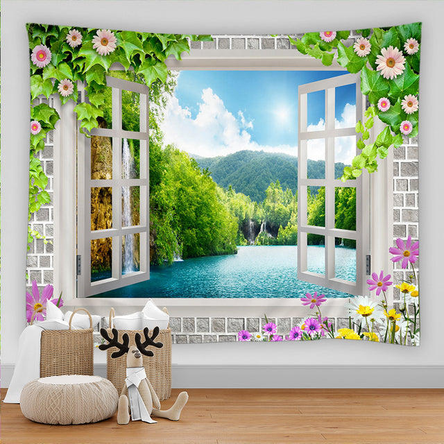 Brick Wall Window To Lake Garden Tapestry - Clover Online