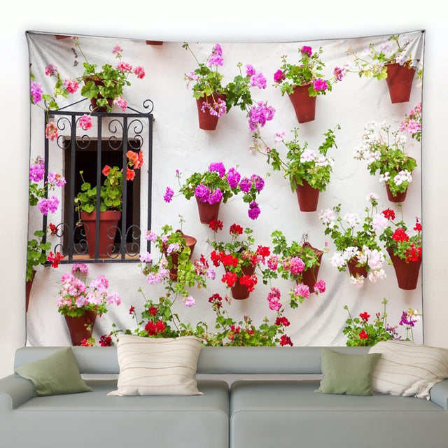 White Wall With Hanging Pots Garden Tapestry – Clover Online